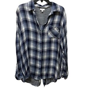 Avenue Womens Blue White Plaid Button Down Roll Tab Sleeve Shirt Plus Size 18/20